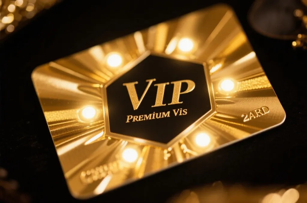 a close up of a luxury VIP card with gold metallic textures and glowing lights representing premium status